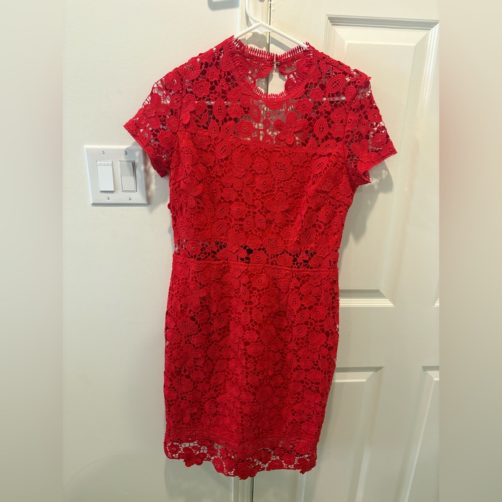 Minuet Red Sheath Lace Dress Mock Neck